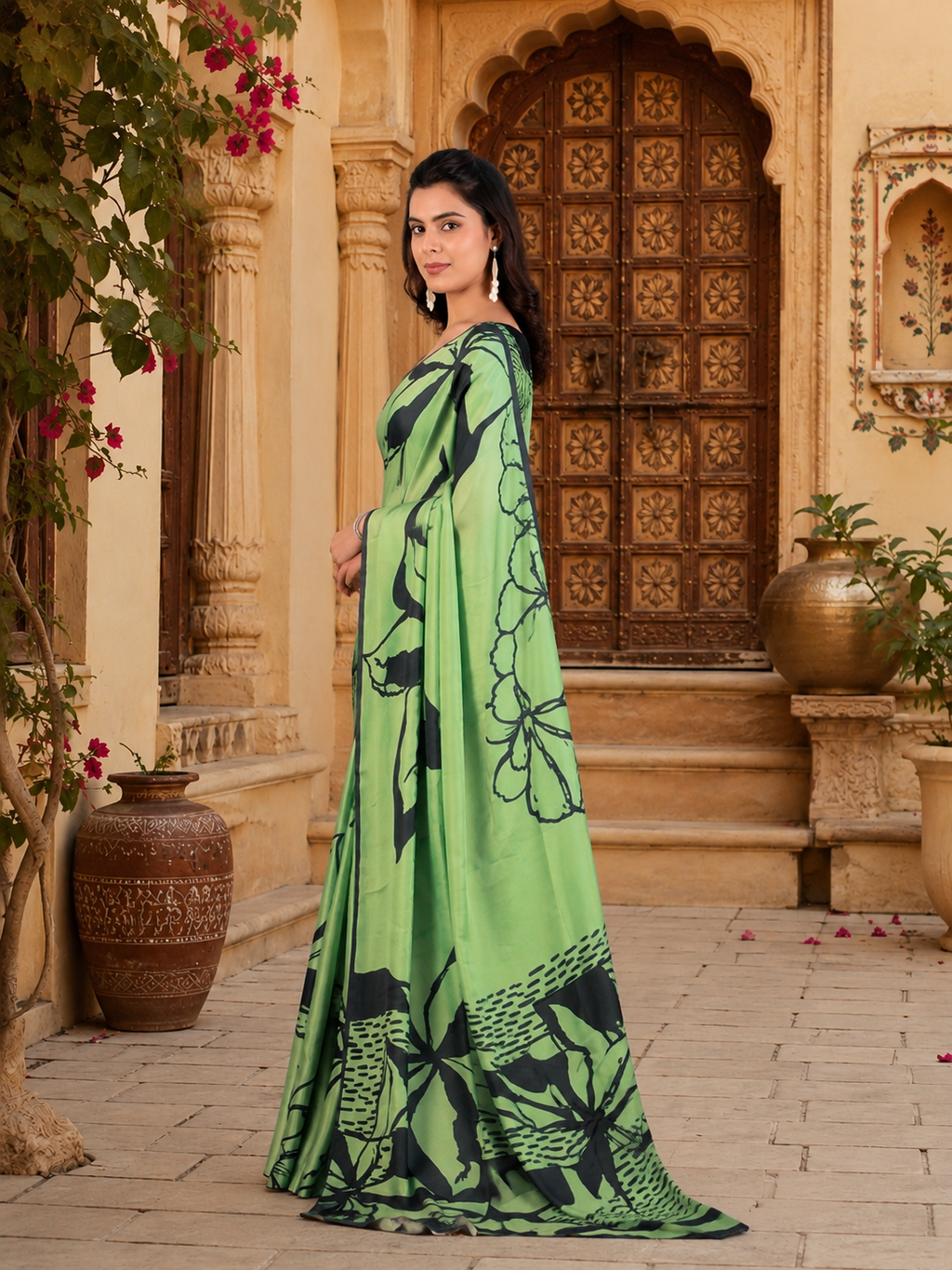 Soft Georgette Satin Printed Saree With Unstitched Blouse(Green)