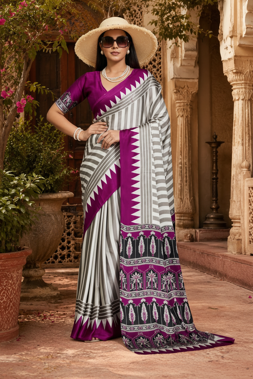 Satin Silk Ajrakh Print Saree With Unstitched Blouse(Wine)