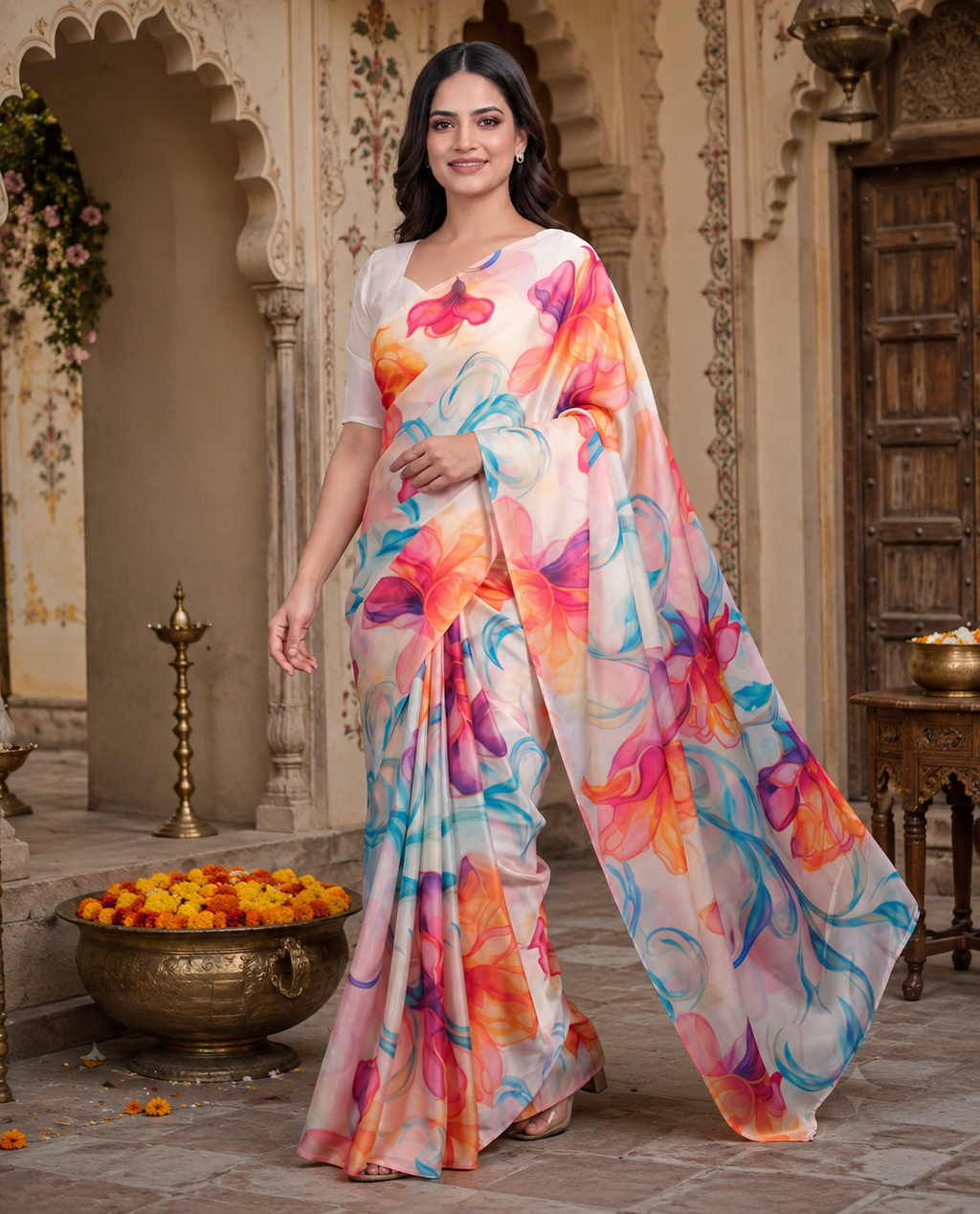 Satin Silk Printed Saree With Unstitched Blouse(Multicolor)