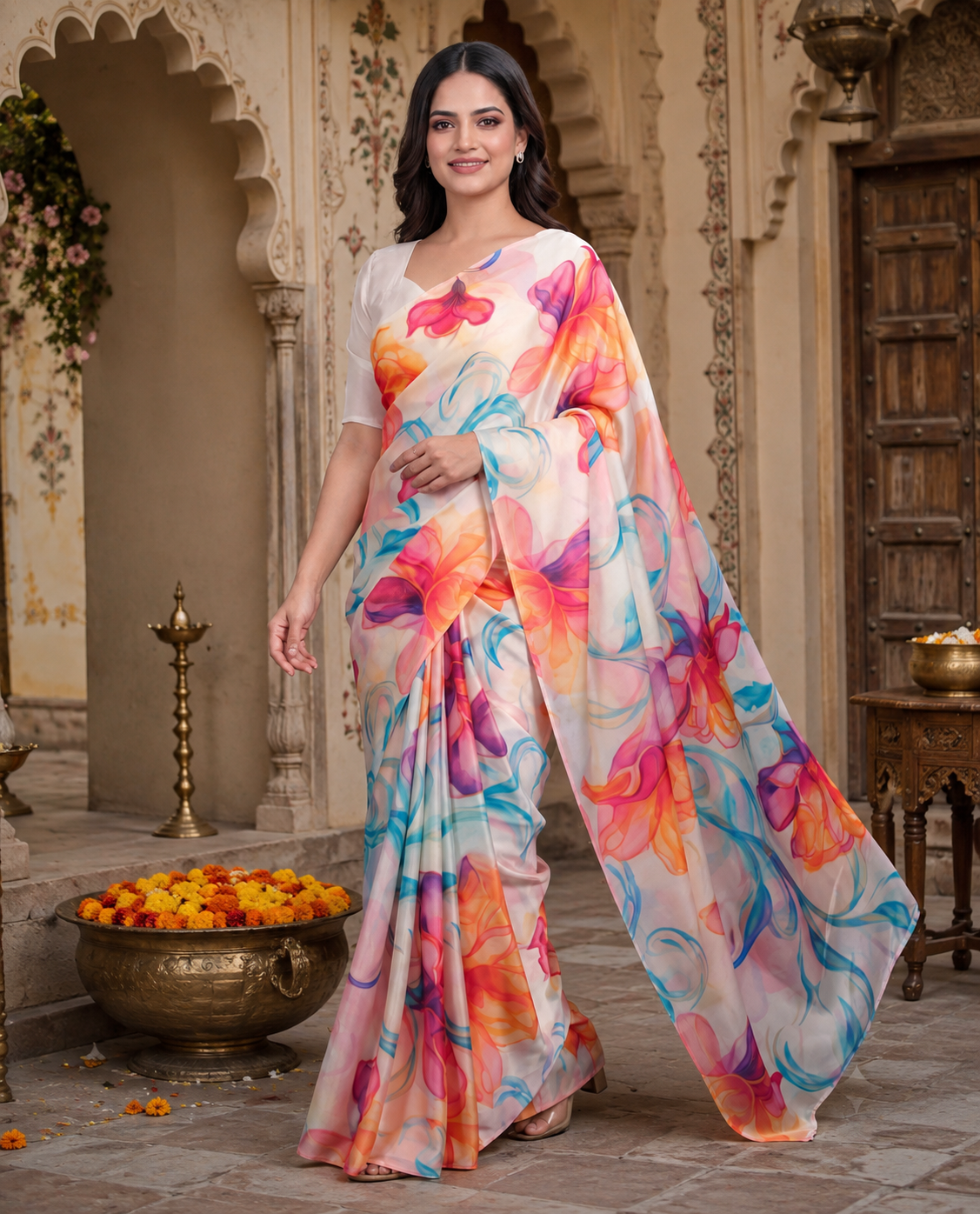 Satin Silk Printed Saree With Unstitched Blouse(Multicolor)