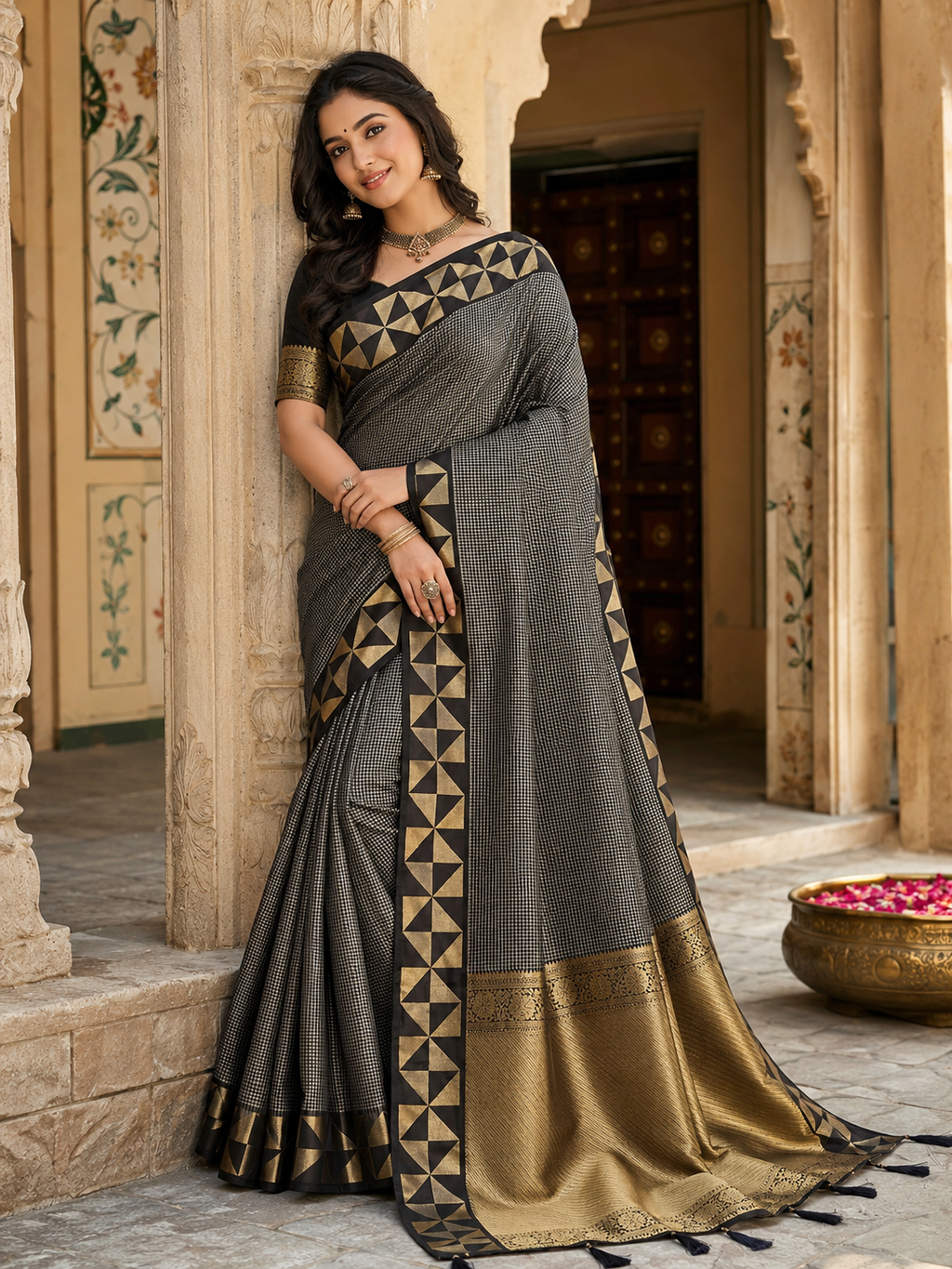 Premium Art Silk Zari Triangle Border Saree With Unstitched Blouse(Grey)