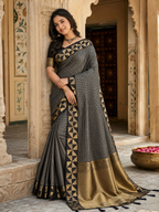 Premium Art Silk Zari Triangle Border Saree With Unstitched Blouse(Grey)