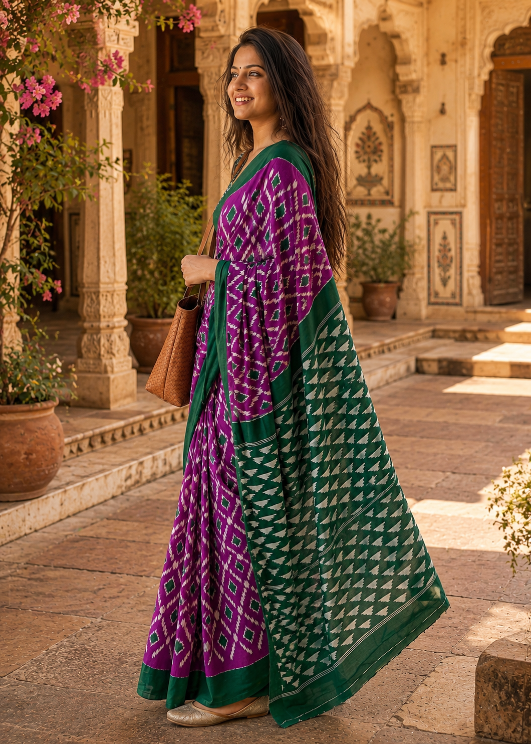 Pure Mulmul Cotton Printed Saree With Unstitched Blouse(Purple)