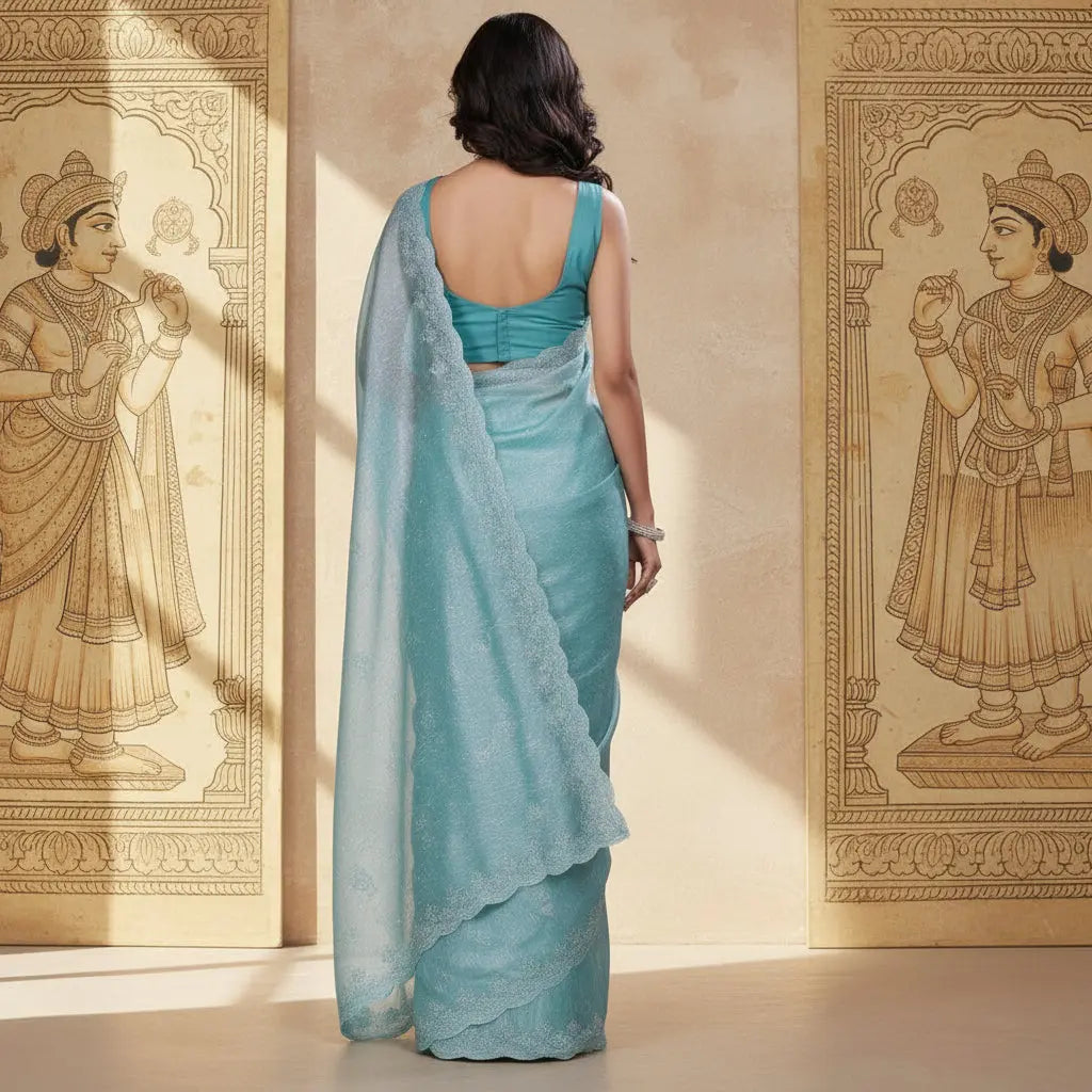 Women's Jimmy choo Embellished Bollywood Saree With Unstitched Blouse 5.5Mtr (Light Blue) Kashvii
