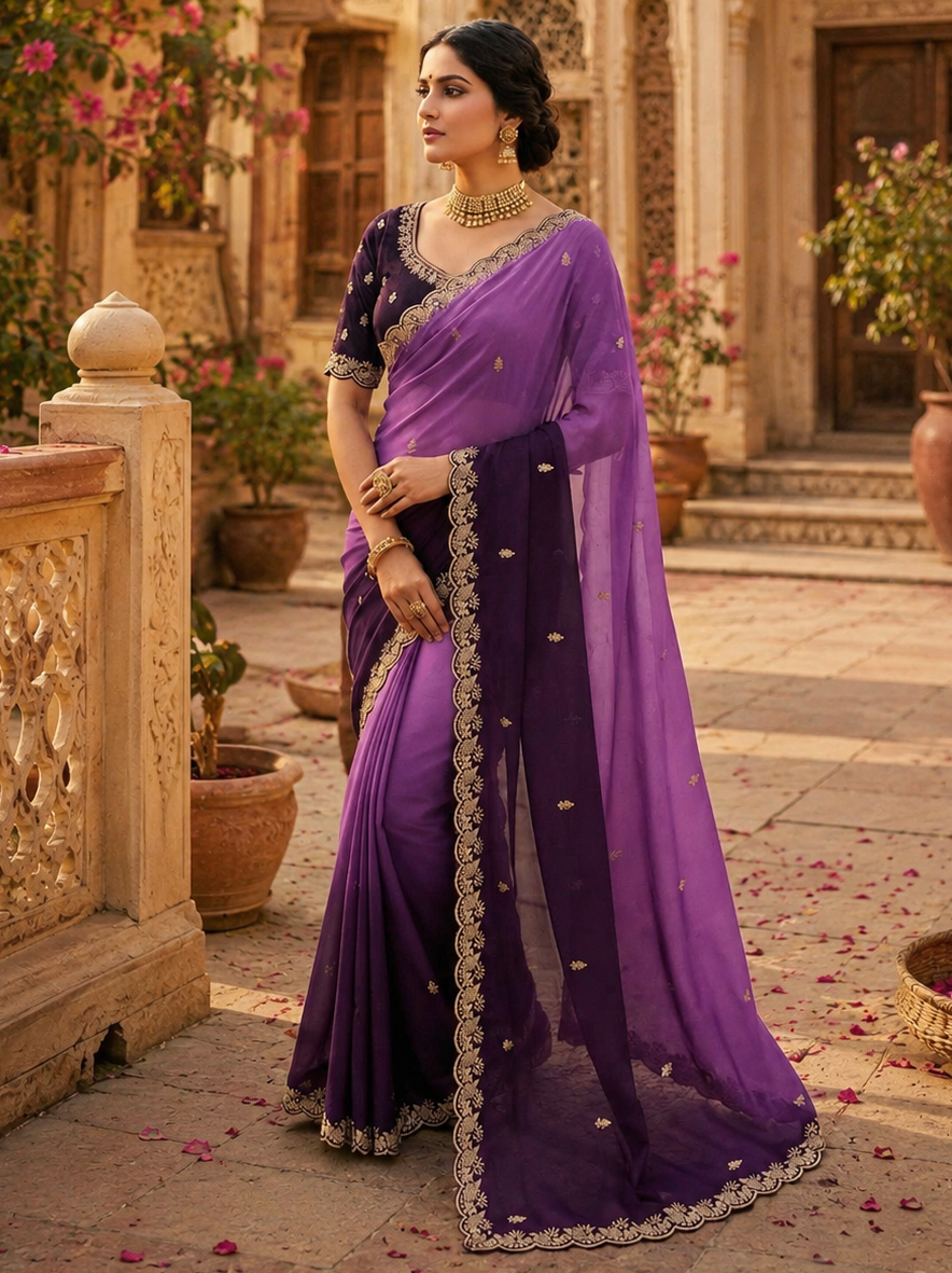 Georgette Border Work Saree With Unstitched Blouse(Lavender)