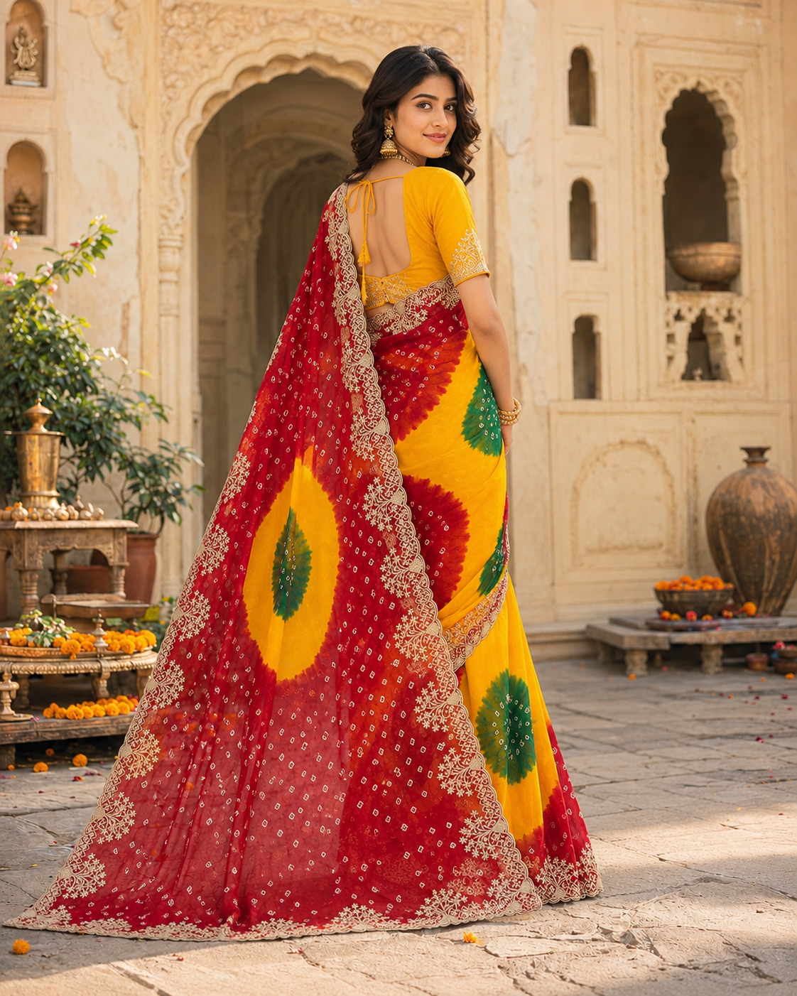 Georgette Bandhani Print Saree With Unstitched Blouse(Red)