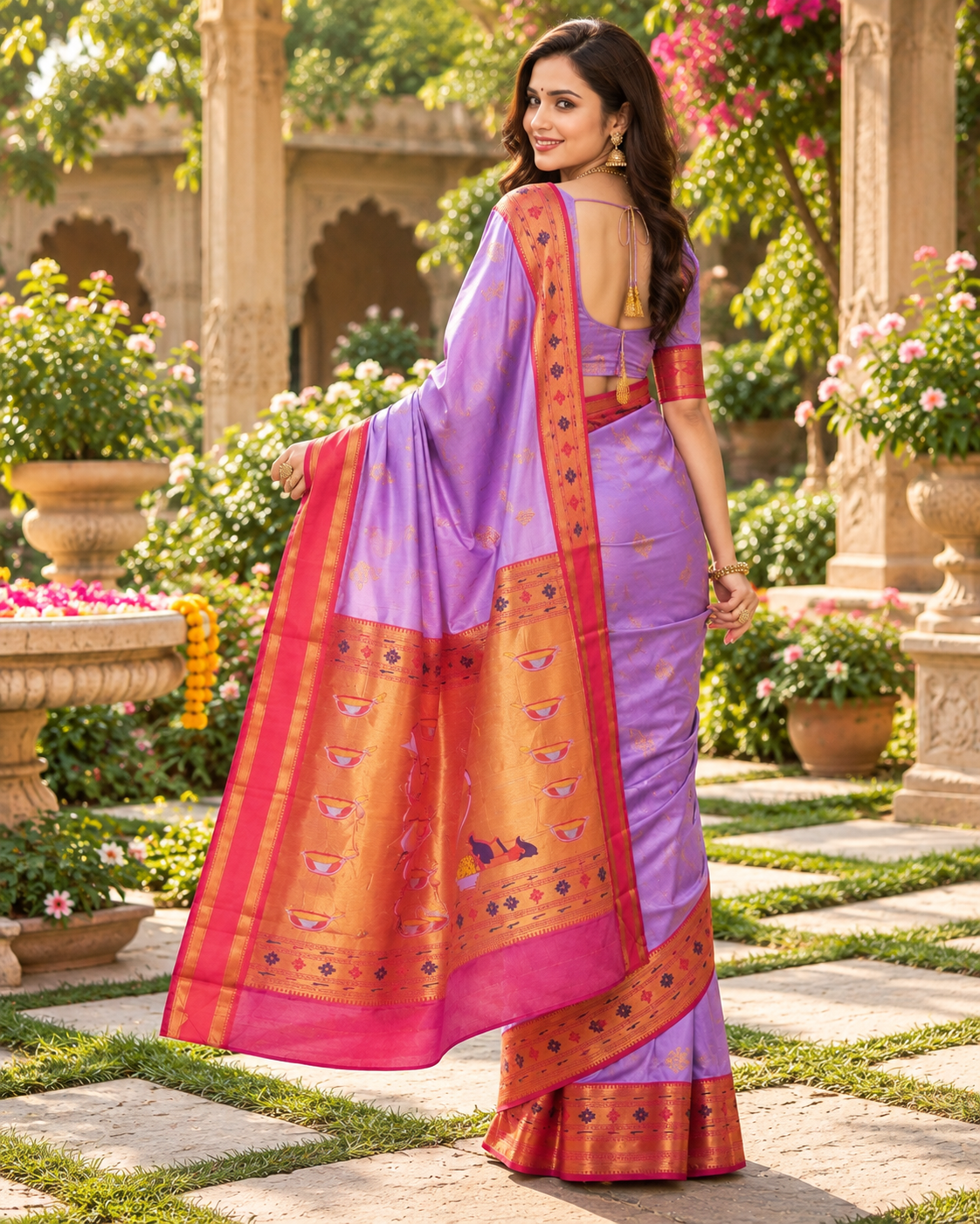 Premium Paithani Katan Silk Butti Saree With Zari Border Unstitched Blouse (Violet)