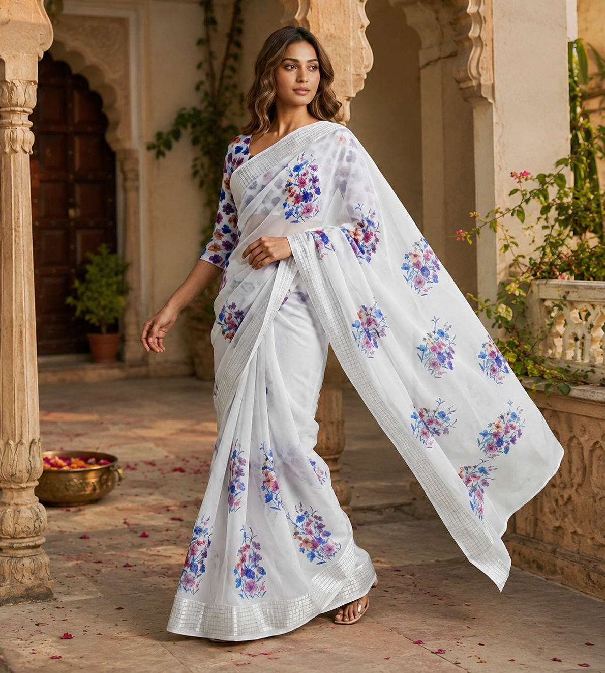 Georgette Floral Print Saree With Unstitched Blouse(White)