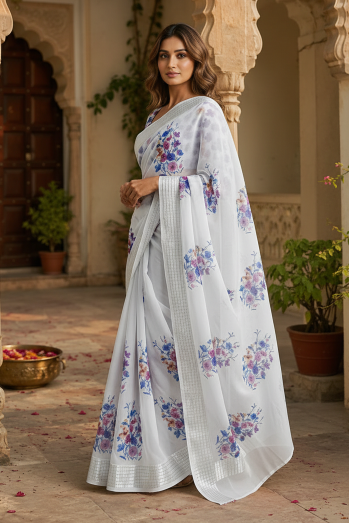 Georgette Floral Print Saree With Unstitched Blouse(White)