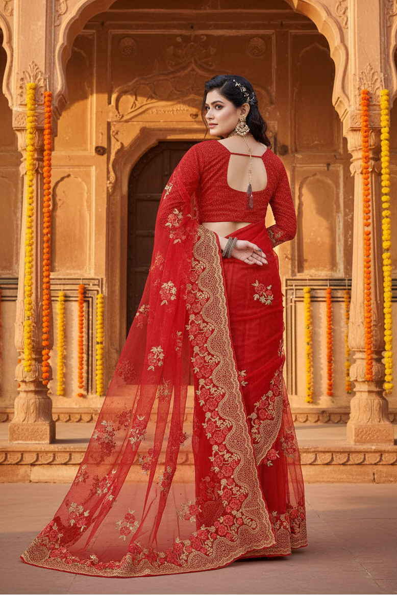 Women's Net Saree With Blouse (Red, 5-6Mtrs)