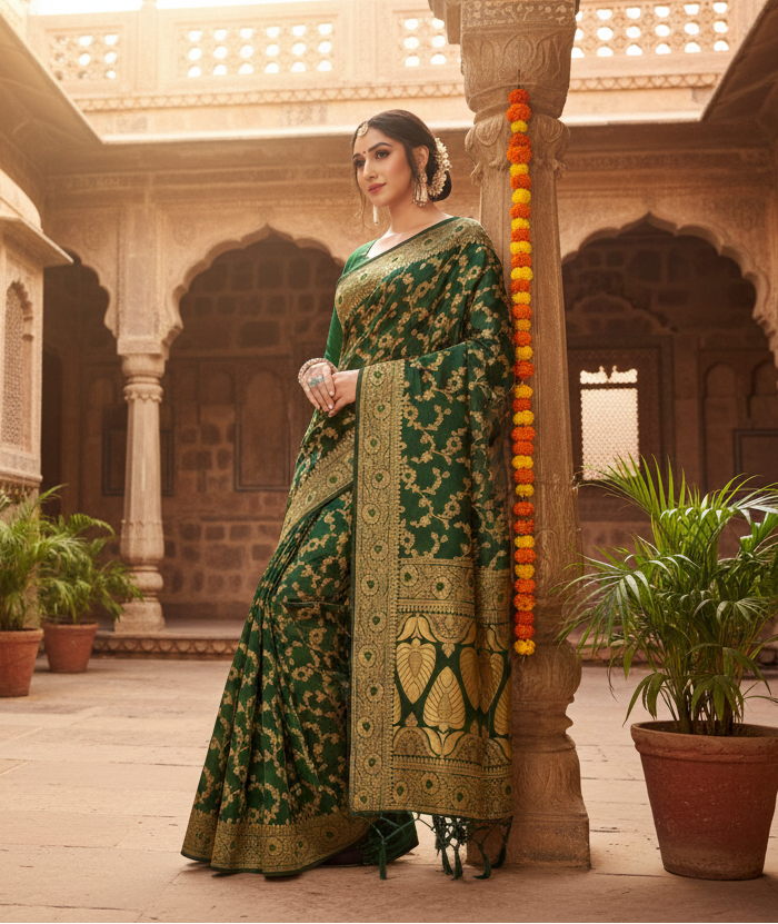 Women's Banarasi Silk Saree With Blouse (Green, 5-6Mtrs)