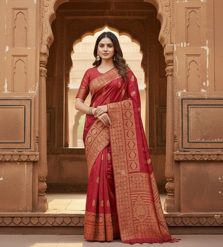 Women's Banarasi Silk Saree With Blouse (Peach, 5-6Mtrs)
