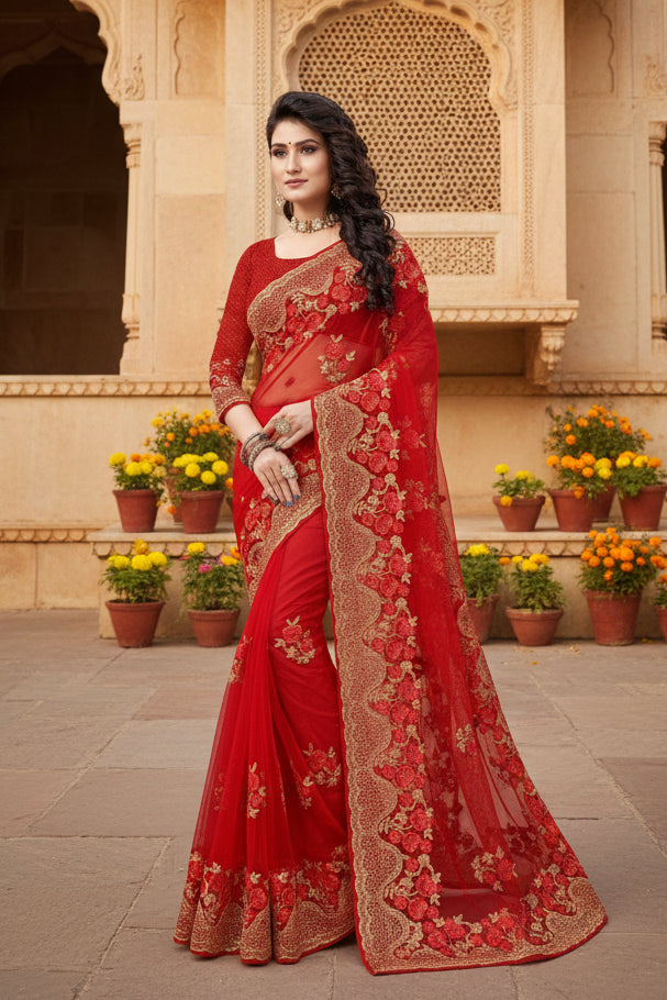 Women's net saree with blouse (red, 5 6mtrs)