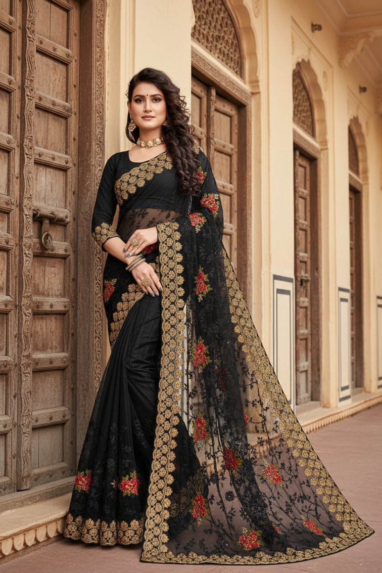 Women's Net Saree With Blouse (Black, 5-6Mtrs) Kashvii