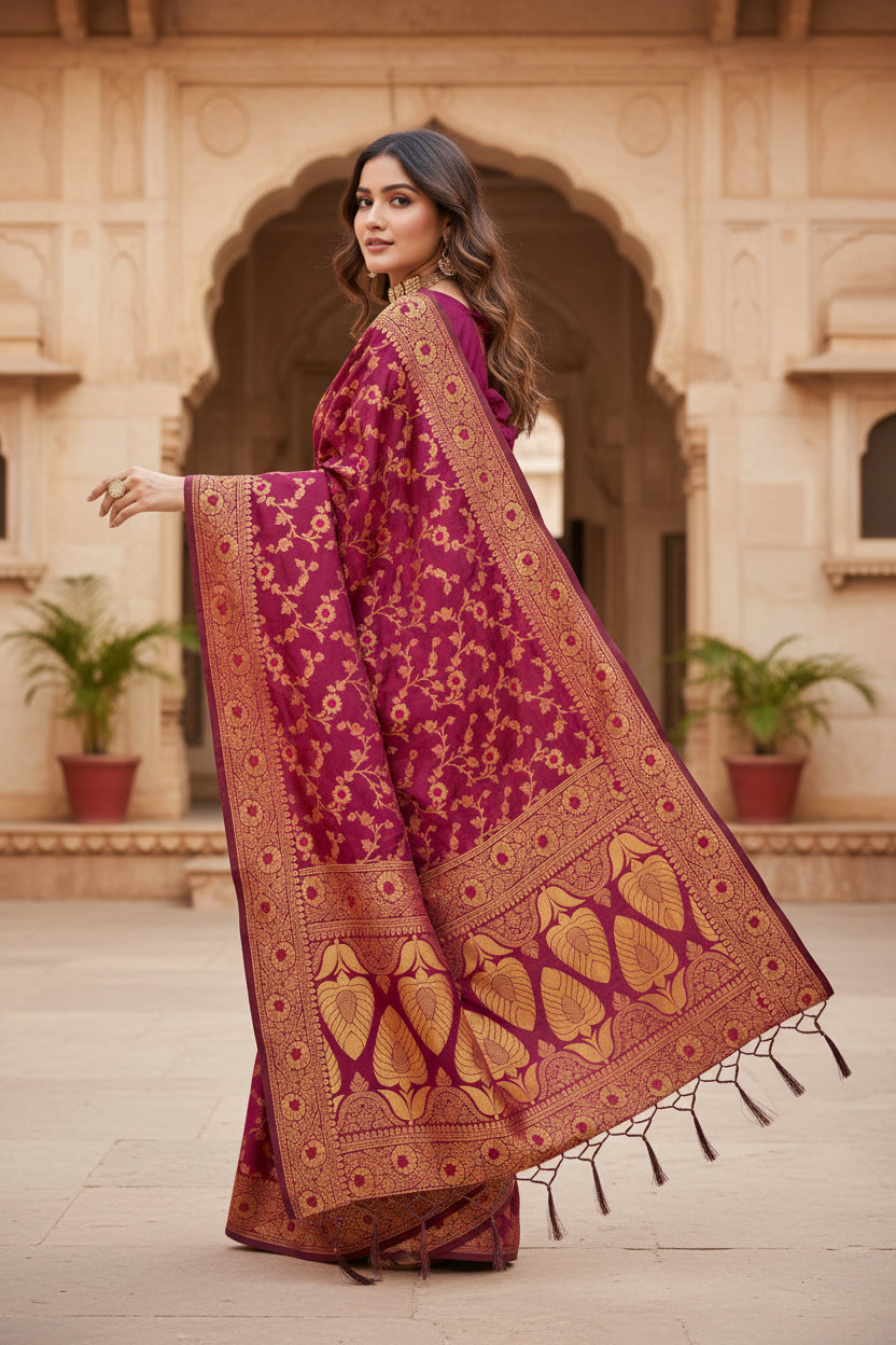 Women's Banarasi Silk Saree With Blouse (Wine, 5-6Mtrs)