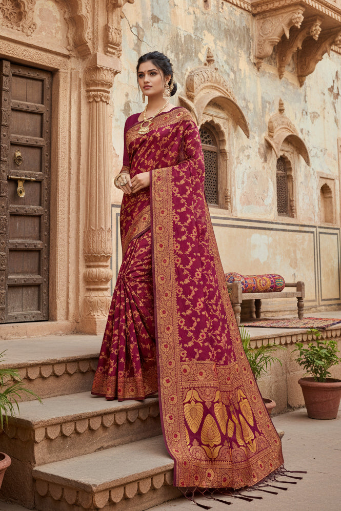 Women's Banarasi Silk Saree With Blouse (Wine, 5-6Mtrs)