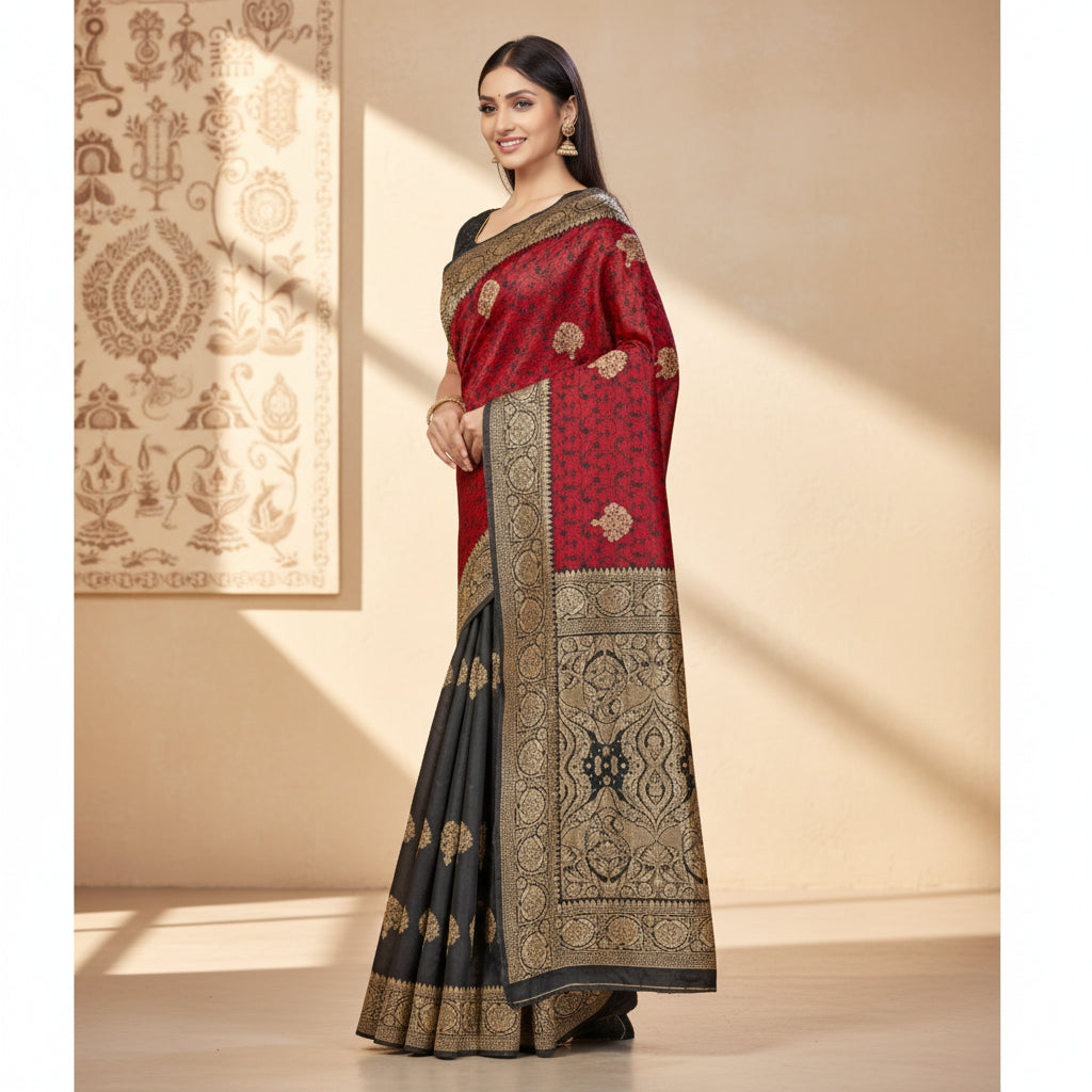Women's Banarasi Silk Saree With Blouse (Black, Red, 5-6Mtrs) Kashvii