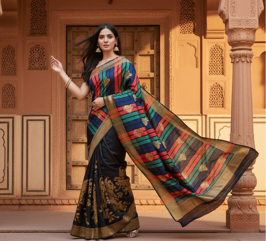 Women's banarasi silk saree with blouse (black, 5 6mtrs) kashvii