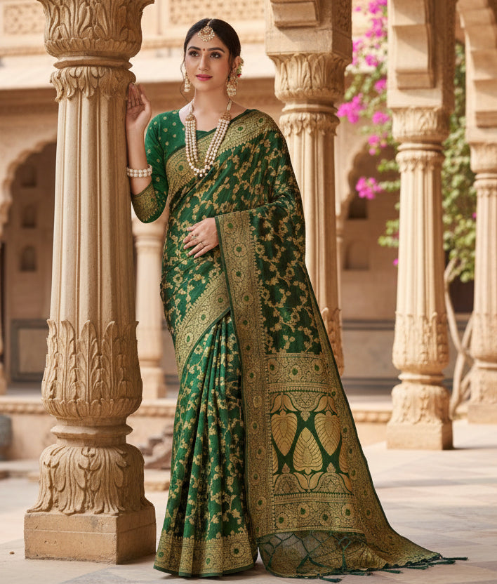 Women's Banarasi Silk Saree With Blouse (Green, 5-6Mtrs)