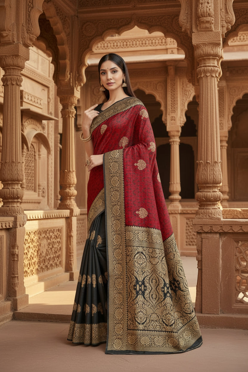Women's banarasi silk saree with blouse (black, red, 5 6mtrs) kashvii