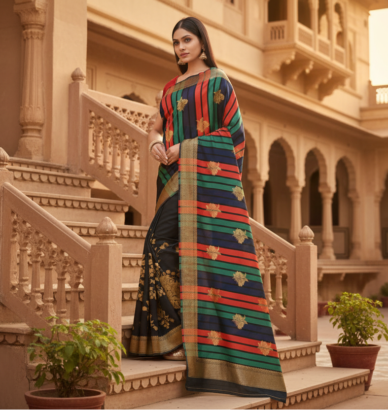 Women's Banarasi Silk Saree With Blouse (Black, 5-6Mtrs) Kashvii