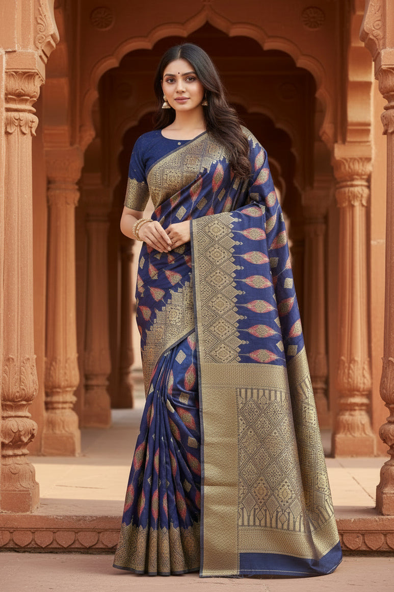 Women's banarasi silk saree with blouse (navy blue, 5 6mtrs) kashvii