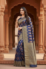 Load image into Gallery viewer, Women's Banarasi Silk Saree With Blouse (Navy Blue, 5-6Mtrs)
