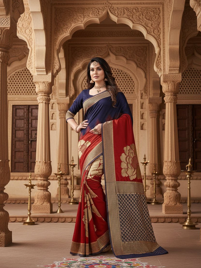 Women's banarasi silk saree with blouse (navy blue, red, 5 6mtrs) kashvii