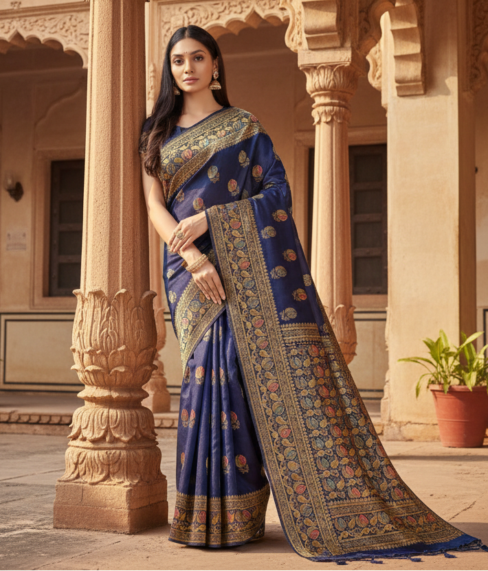 Women's Banarasi Silk Saree With Blouse (Navy Blue, 5-6Mtrs) Kashvii