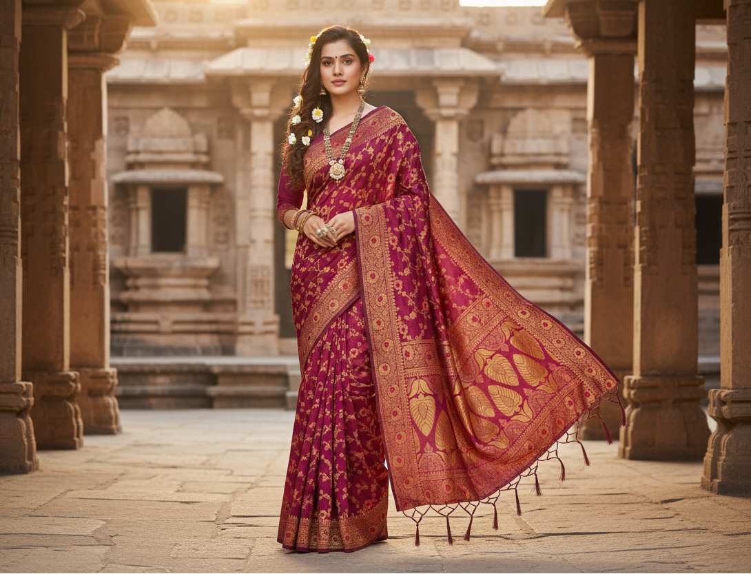 Women's banarasi silk saree with blouse (wine, 5 6mtrs)