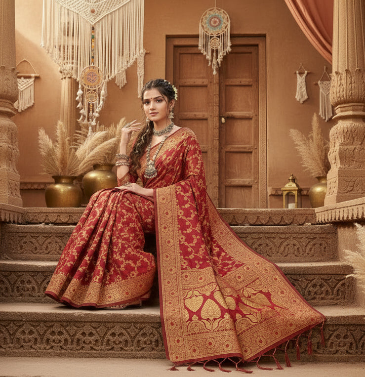 Women's Banarasi Silk Saree With Blouse (Maroon, 5-6Mtrs) Kashvii