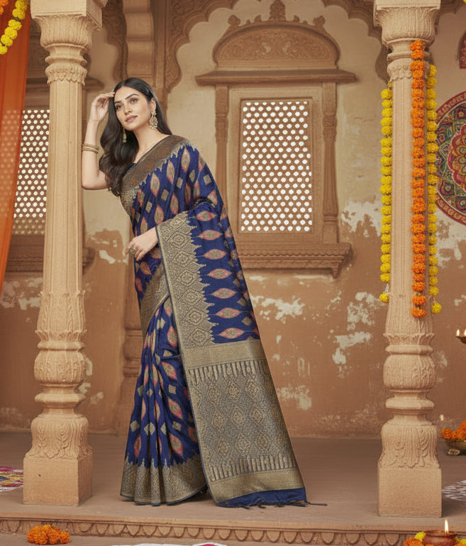 Women's Banarasi Silk Saree With Blouse (Navy Blue, 5-6Mtrs) Kashvii