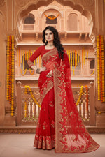 Load image into Gallery viewer, Women's Net Saree With Blouse (Red, 5-6Mtrs)
