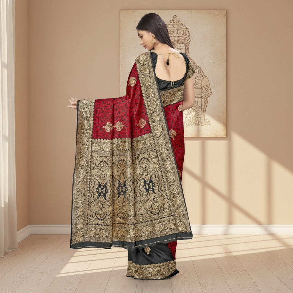 Women's Banarasi Silk Saree With Blouse (Black, Red, 5-6Mtrs) Kashvii