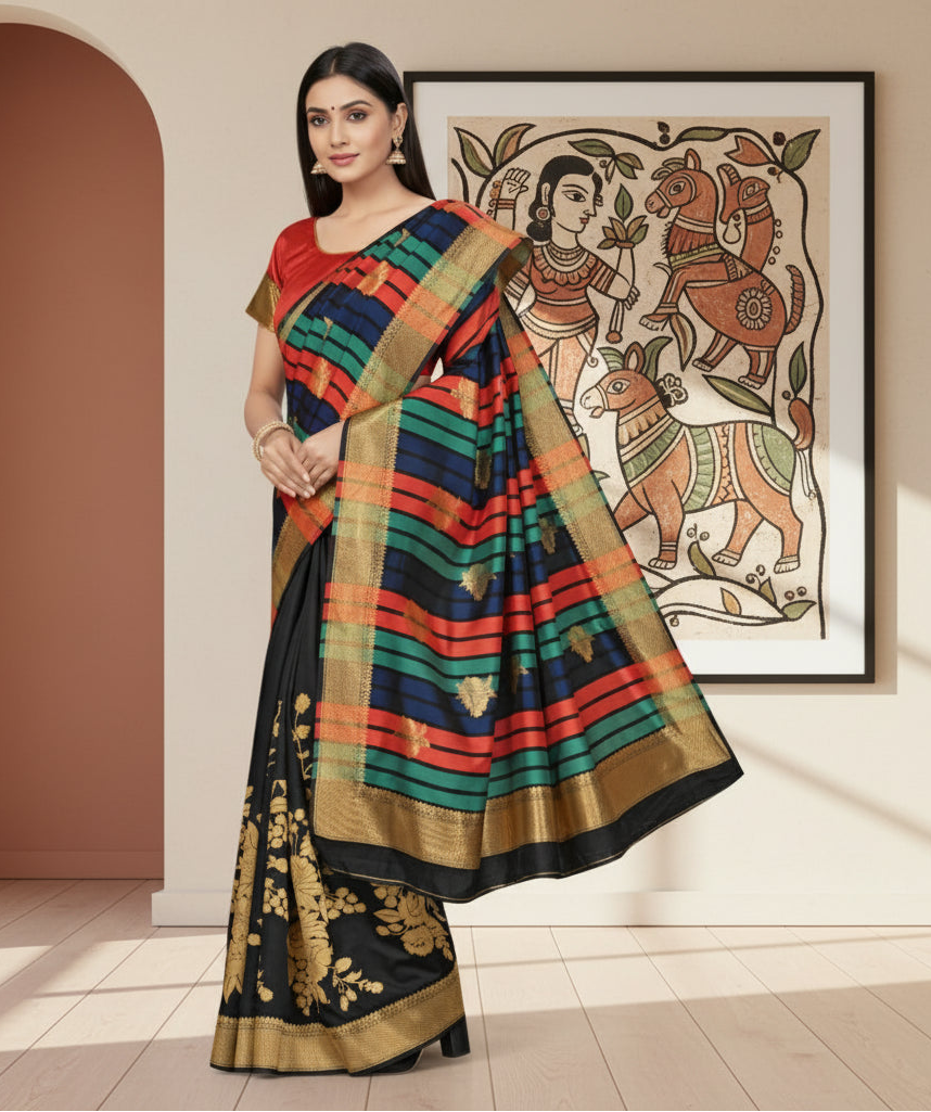 Women's Banarasi Silk Saree With Blouse (Black, 5-6Mtrs) Kashvii