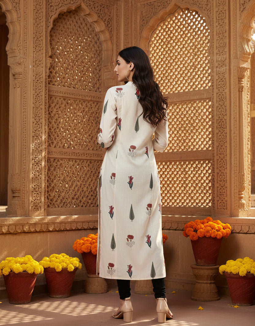 Women's Khadi Printed A Line Kurti (Off White, Khadi) Kashvii