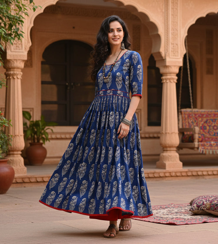 Women's Cotton Printed Anarkali Kurti (Blue, Cotton) Kashvii