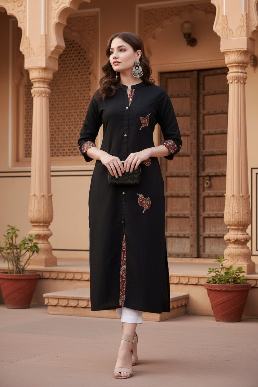 Women's Khadi Printed A Line Kurti (Black, Khadi) Kashvii