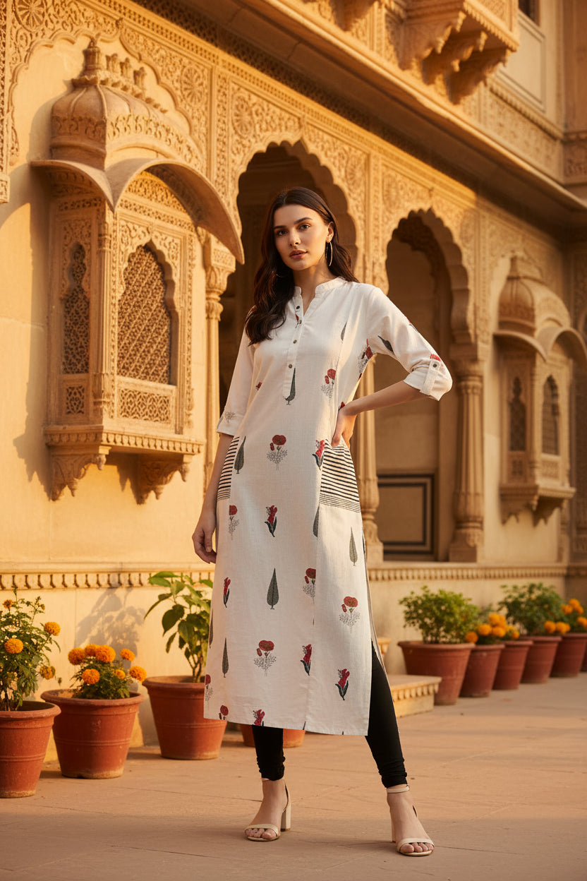 Women's Khadi Printed A Line Kurti (Off White, Khadi) Kashvii