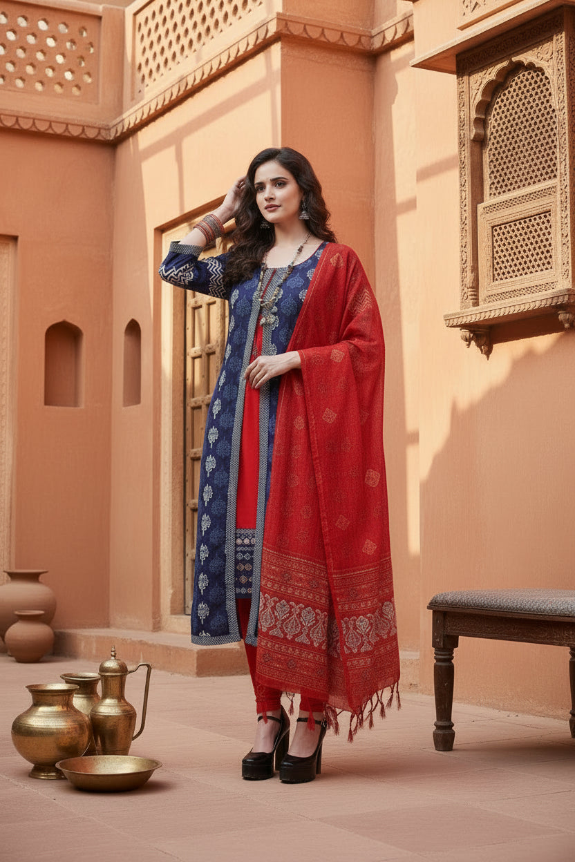 Women's Cotton Printed Long Kurti (Blue, Red, Cotton) Kashvii