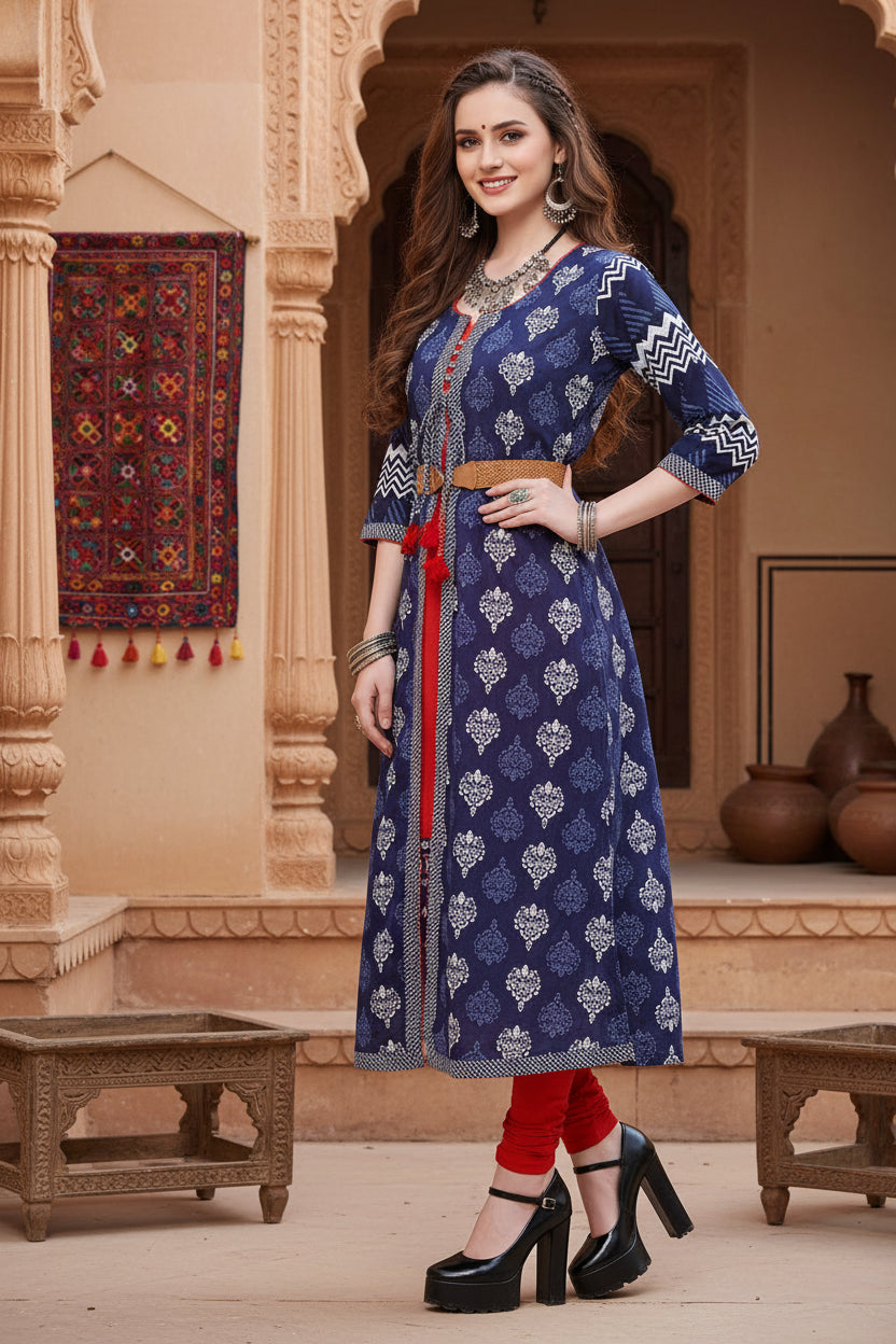 Women's Cotton Printed Long Kurti (Blue, Red, Cotton) Kashvii