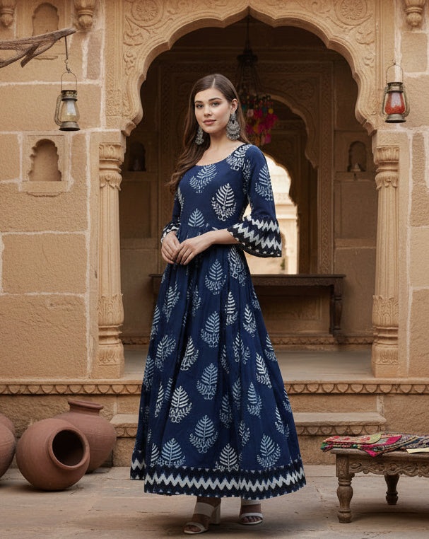 Women's Cotton Printed Regular Kurti (Blue) Kashvii