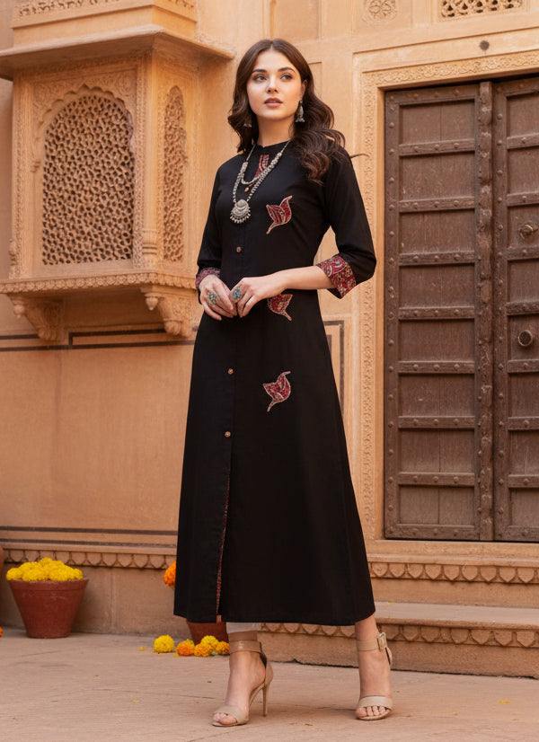 Women's Khadi Printed A Line Kurti (Black, Khadi) Kashvii