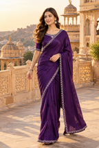 Pure Space Silk Diamond Zarkhan Work Saree With Unstitched Blouse(Violet)