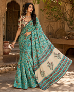 Soft Georgette Ajrakh Print Saree With Unstitched Blouse(Green)