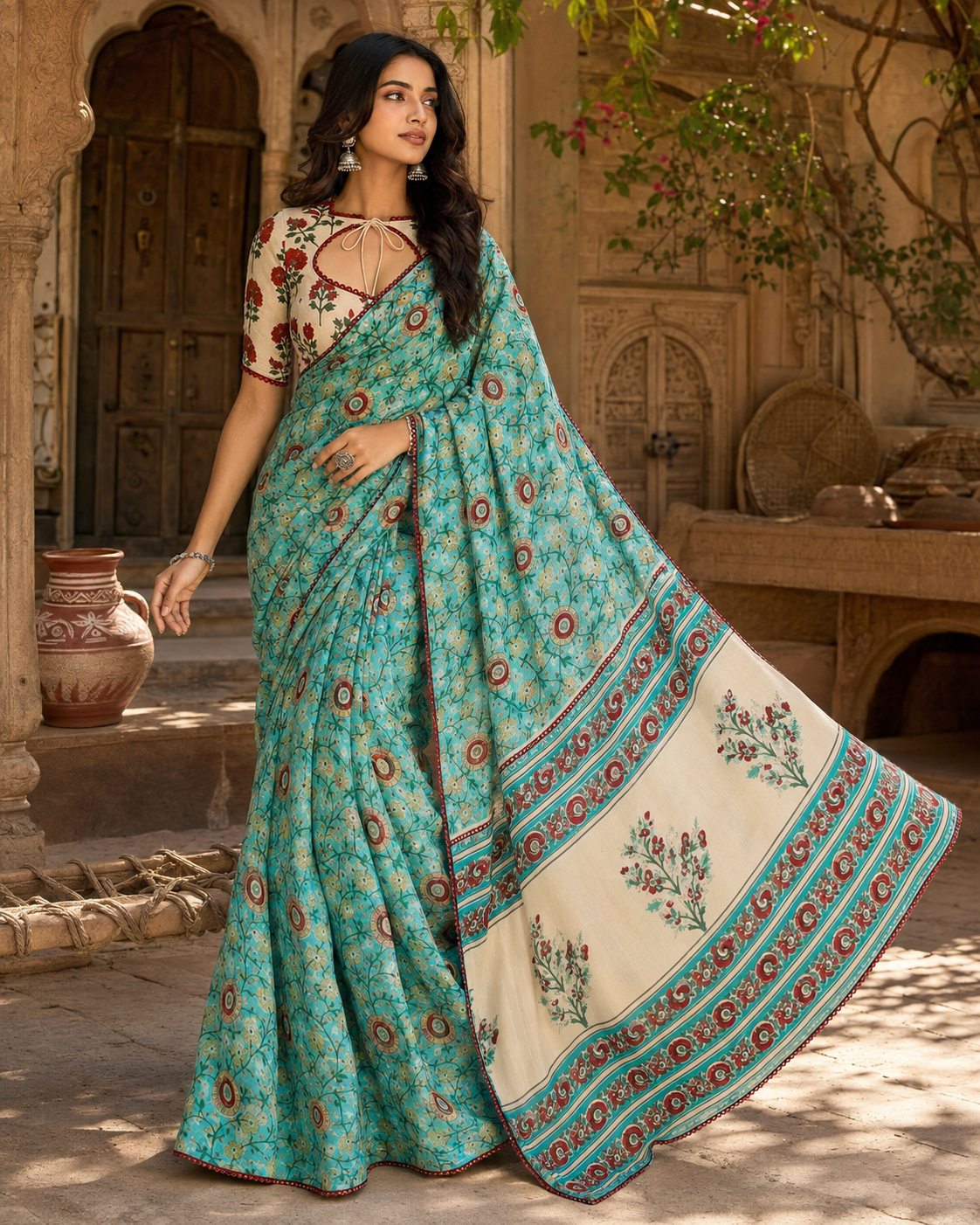 Soft Georgette Ajrakh Print Saree With Unstitched Blouse(Green)
