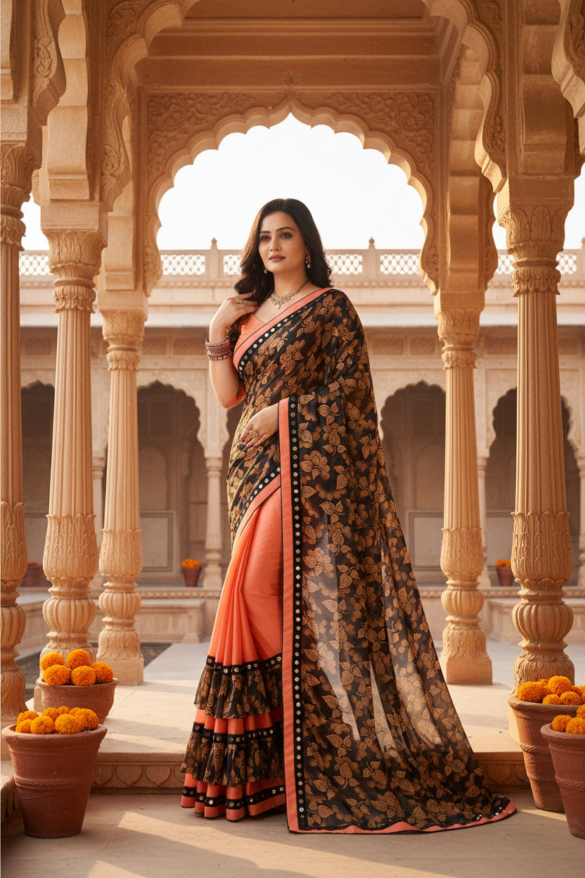 Women's Lycra Blend Saree with Blouse (Orange, 5-6 Mtrs)