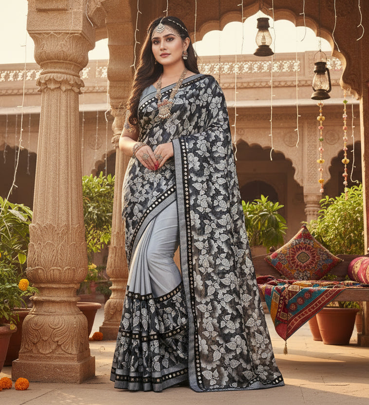 Women's Lycra Blend Saree with Blouse (Grey, 5-6 Mtrs)