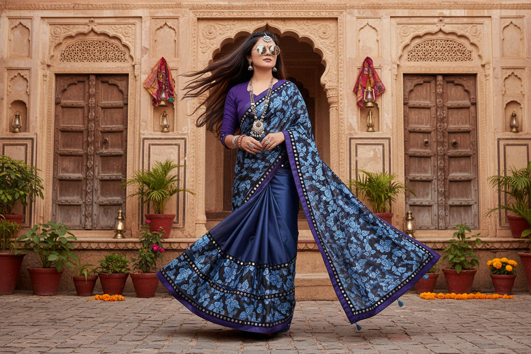 Women's Lycra Blend Saree with Blouse (Blue, 5-6 Mtrs) Kashvii