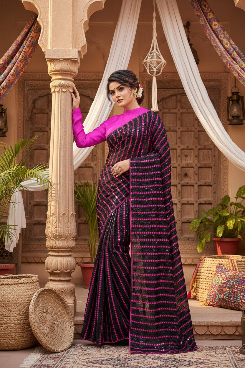 Women's Vichitra Saree with Blouse (Pink, 5-6 Mtrs) Kashvii